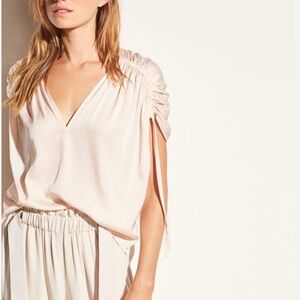 VINCE Ruched Shoulder Stretch Tie Silk Blouse